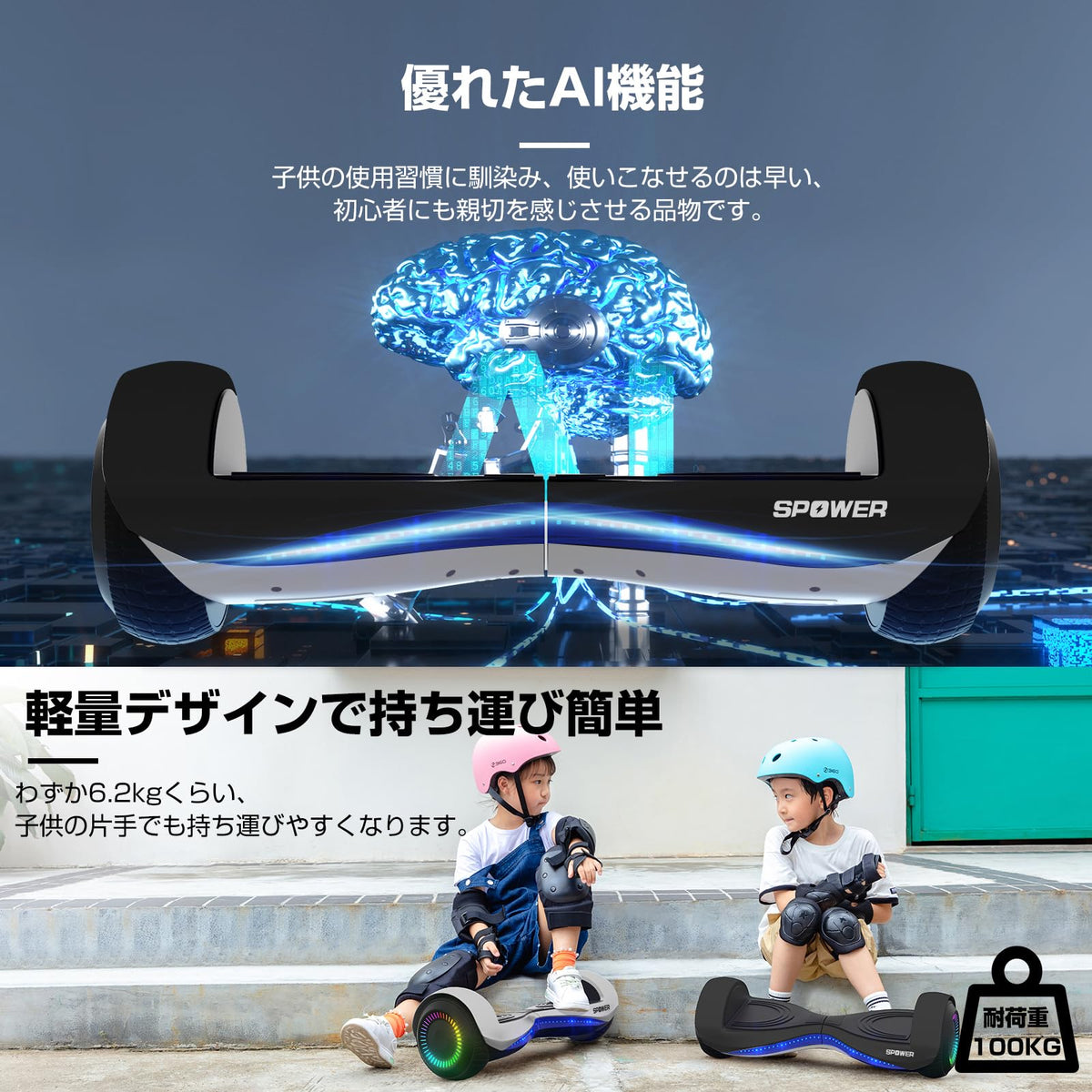 SPOWER バランススクーター 子供用 大人用 キックスクーター 6.5インチ プロテクター付属 立ち乗り二輪車 軽量 耐震性 安定性 耐荷重100kg 誕生日 プレゼント