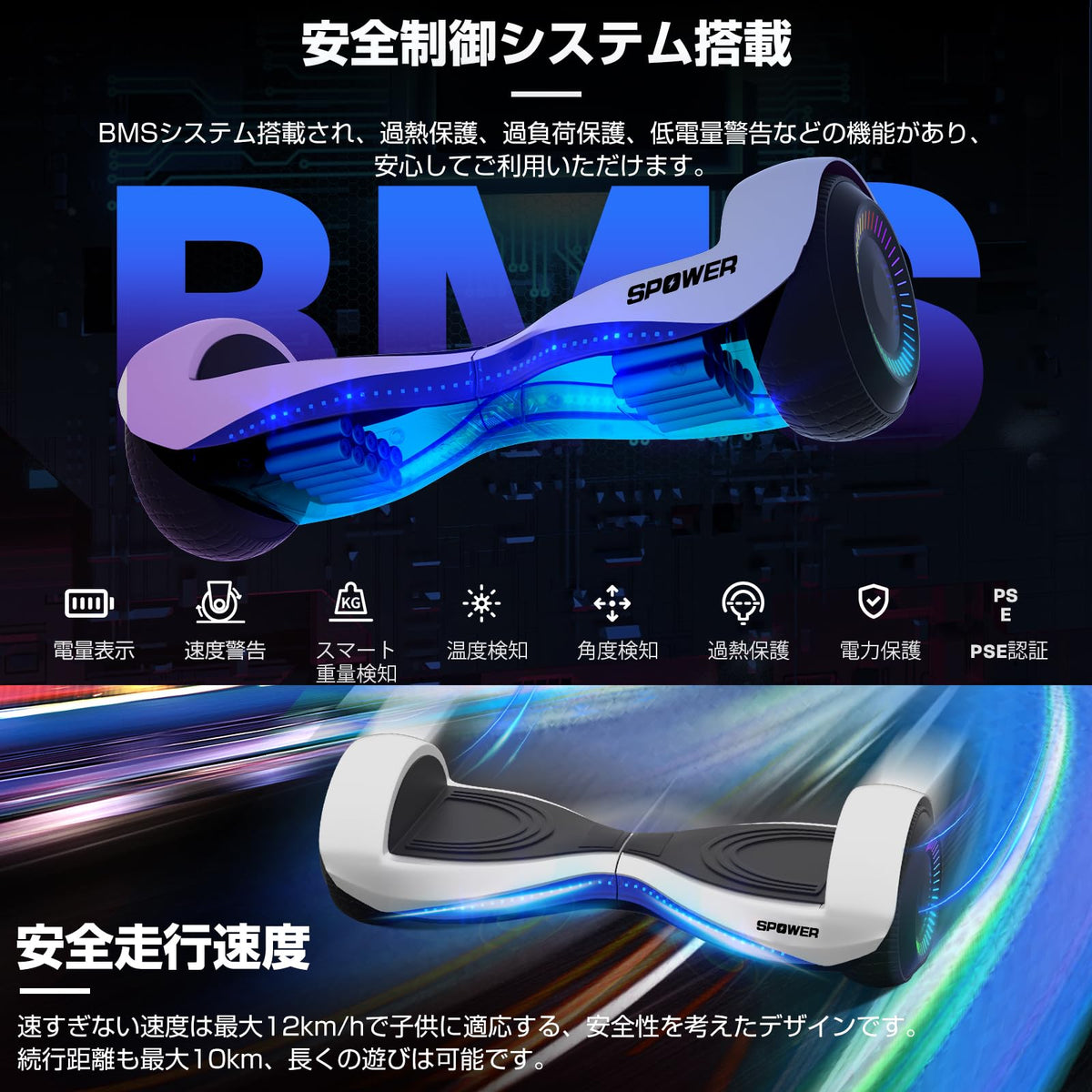SPOWER バランススクーター 子供用 大人用 キックスクーター 6.5インチ プロテクター付属 立ち乗り二輪車 軽量 耐震性 安定性 耐荷重100kg 誕生日 プレゼント
