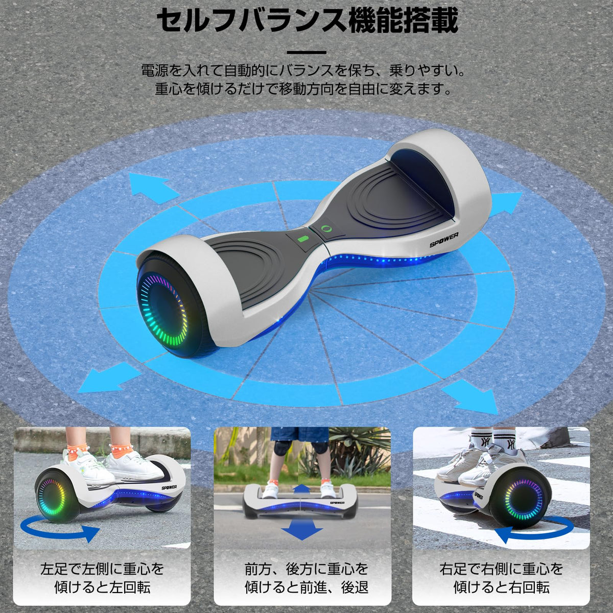 SPOWER バランススクーター 子供用 大人用 キックスクーター 6.5インチ プロテクター付属 立ち乗り二輪車 軽量 耐震性 安定性 耐荷重100kg 誕生日 プレゼント