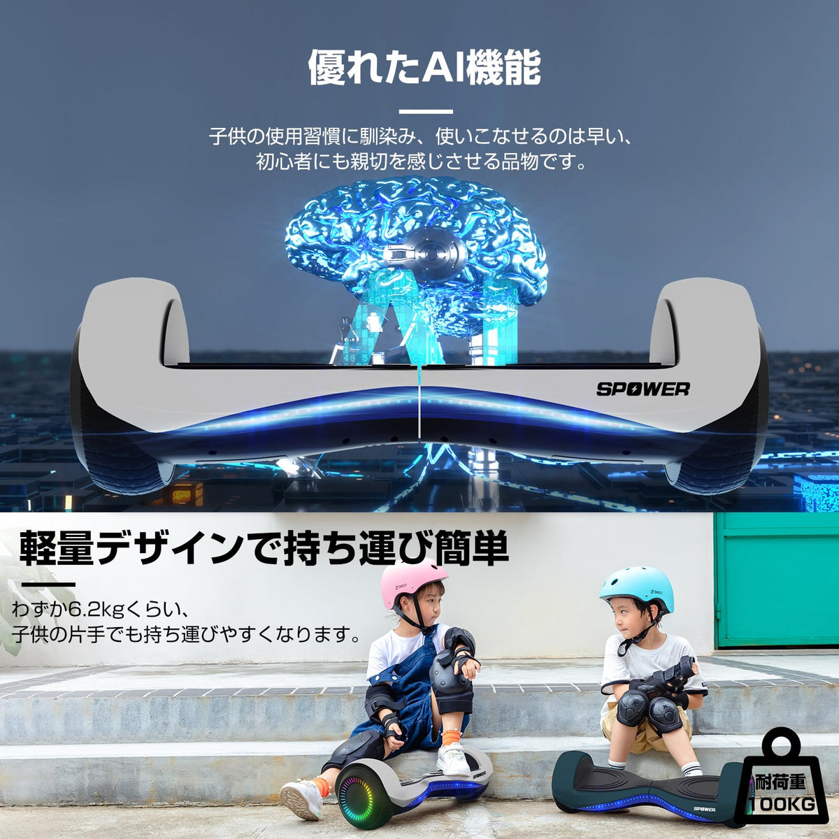 SPOWER バランススクーター 子供用 大人用 キックスクーター 6.5インチ プロテクター付属 立ち乗り二輪車 軽量 耐震性 安定性 耐荷重100kg 誕生日 プレゼント