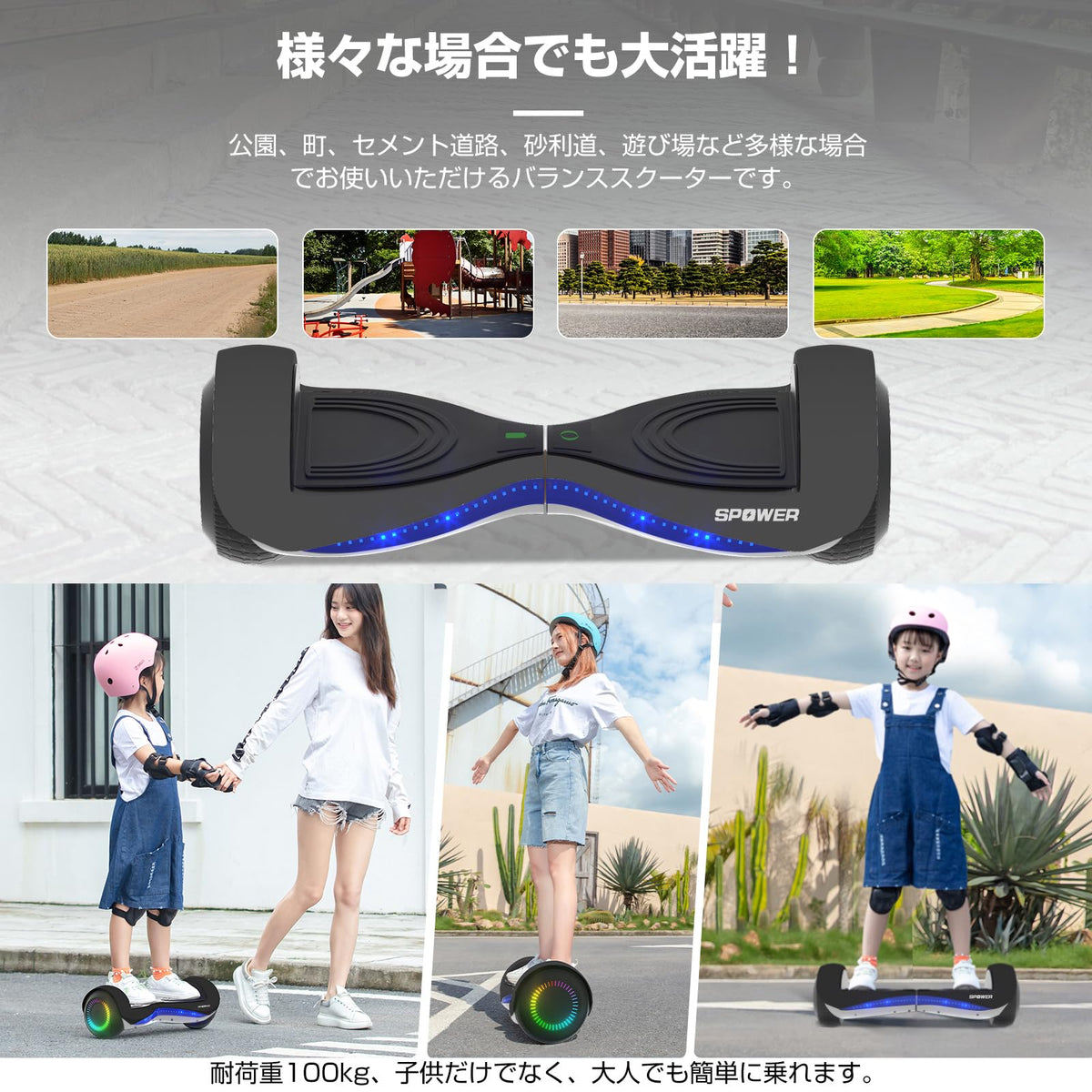 SPOWER バランススクーター 子供用 大人用 キックスクーター 6.5インチ プロテクター付属 立ち乗り二輪車 軽量 耐震性 安定性 耐荷重100kg 誕生日 プレゼント