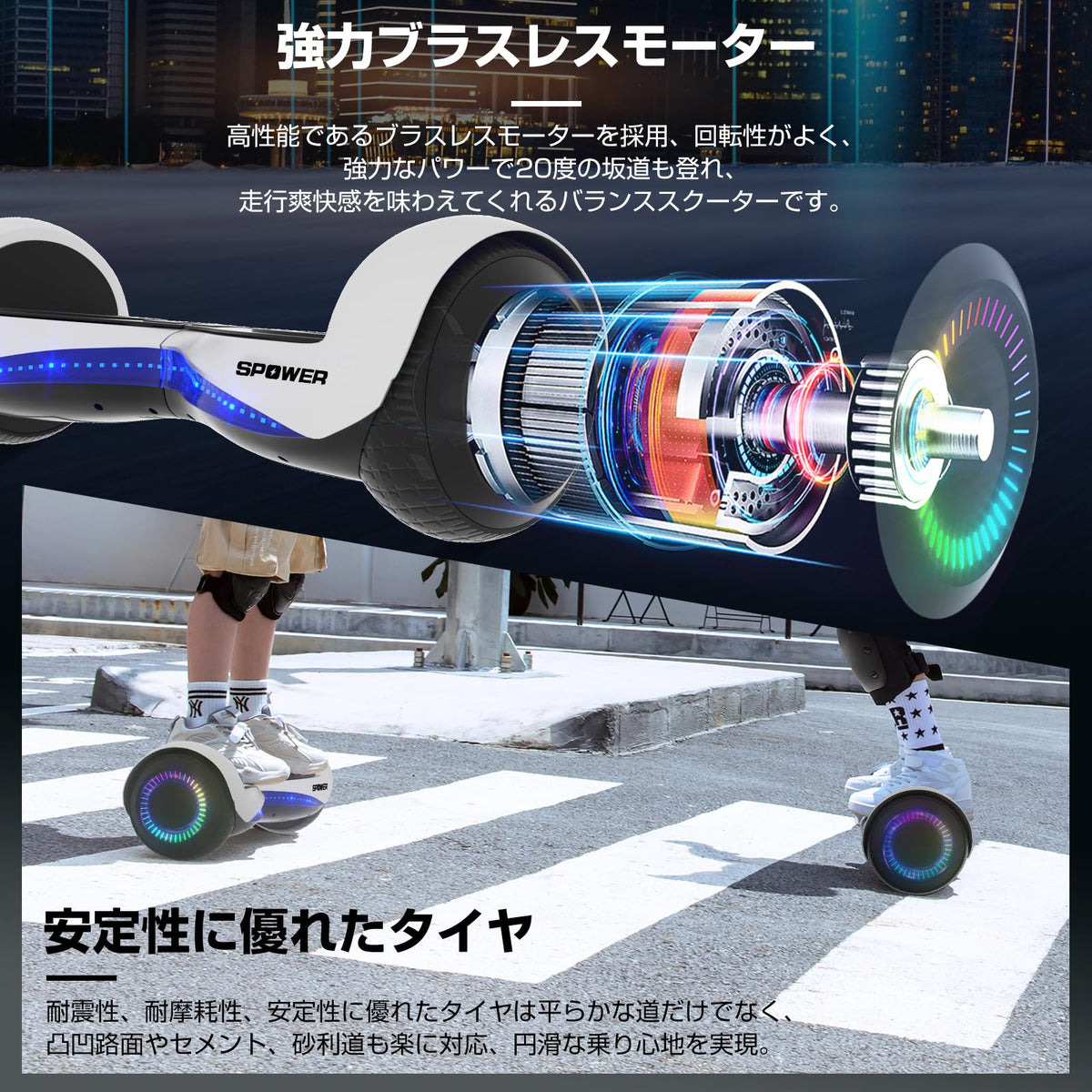 SPOWER バランススクーター 子供用 大人用 キックスクーター 6.5インチ プロテクター付属 立ち乗り二輪車 軽量 耐震性 安定性 耐荷重100kg 誕生日 プレゼント